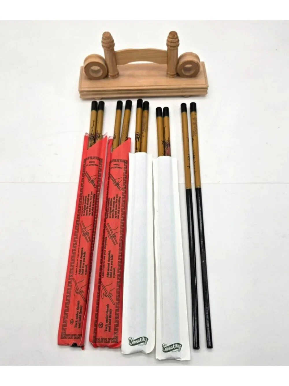 Vintage Bamboo Chopsticks With Wooden Rest Holder Set Of 5 je180